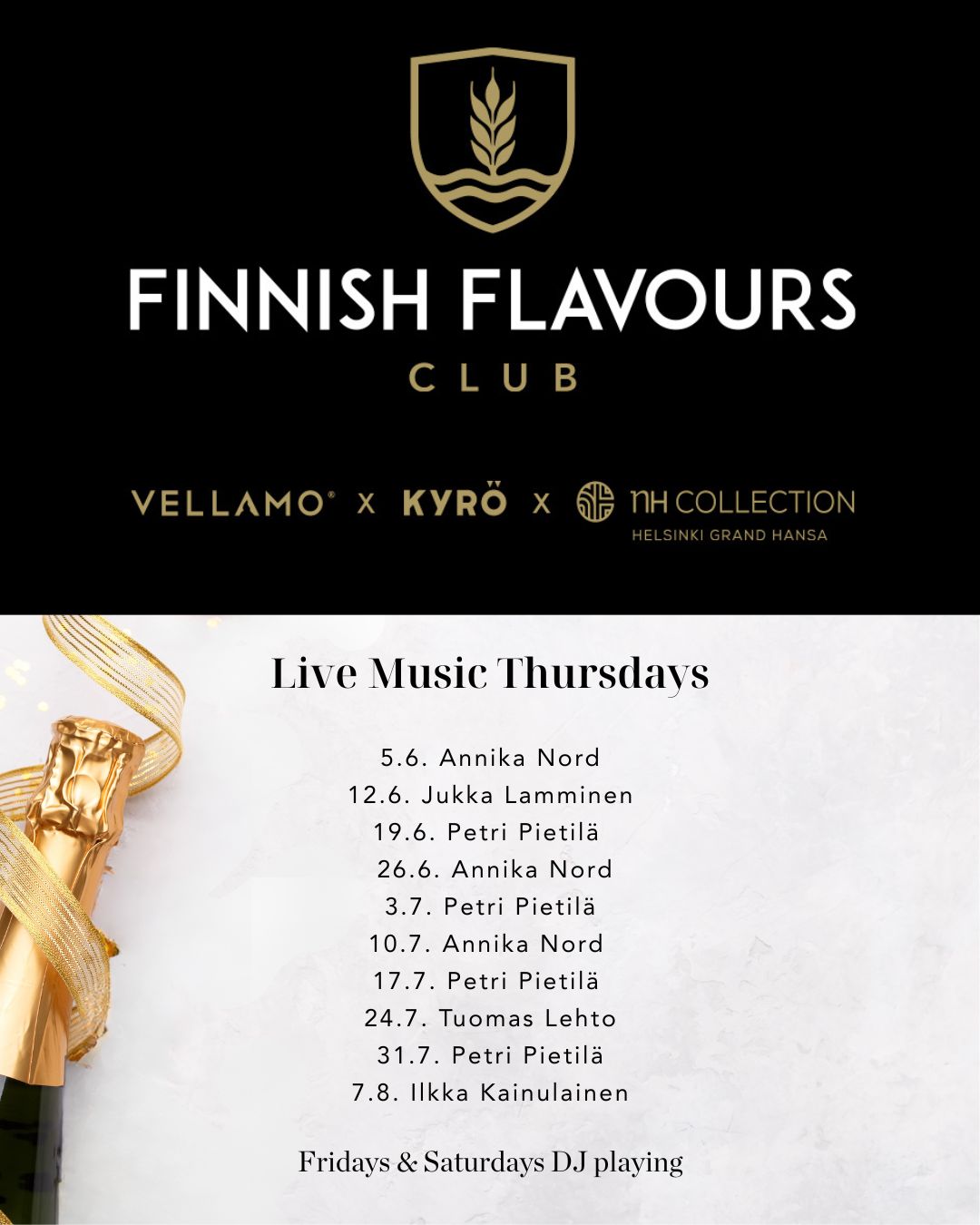 Summer sounds & Finnish flavours!
Every Thursday this summer, our Finnish Flavours Club brings live music to Hansa Café Bar & terrace – come enjoy the sunny vibes with a drink and great tunes from our troubadours! ☀️
On Fridays & Saturdays, the energy rises as our DJ sets the mood for summer evenings. 🎶
#HansaCaféBarTeracceHelsinki #NHCollectionHelsinkiGrandHansa #SummerVibes #FinnishFlavoursClub #HansaCafeBar #TerraceVibes #TeracceHelsinki
