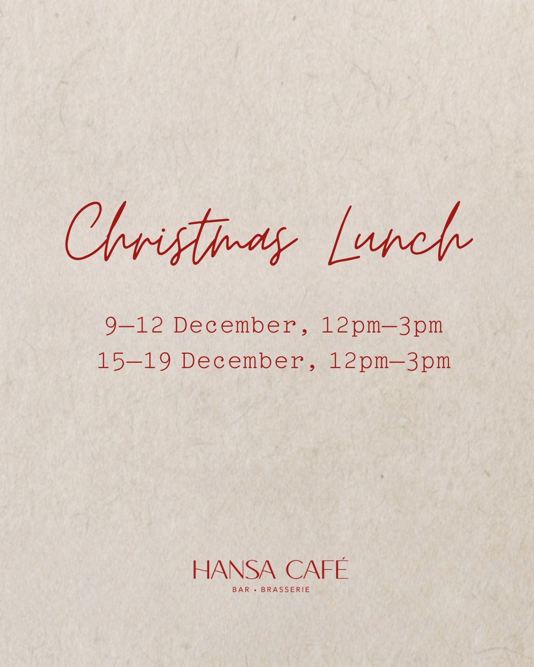 In December our festive Christmas Lunch is back🎄

Enjoy a 3-course menu with a choice of starter and main, crowned by a delicious dessert buffet.

Available 9–12 December & 15–19 December, 12pm–3pm. Book your table hansacafehelsinki.com ✨

#NHCollection #NHCollectionHelsinkiGrandHansa #ChristmasLunchHelsinki #HansaCafeBarBrasserie